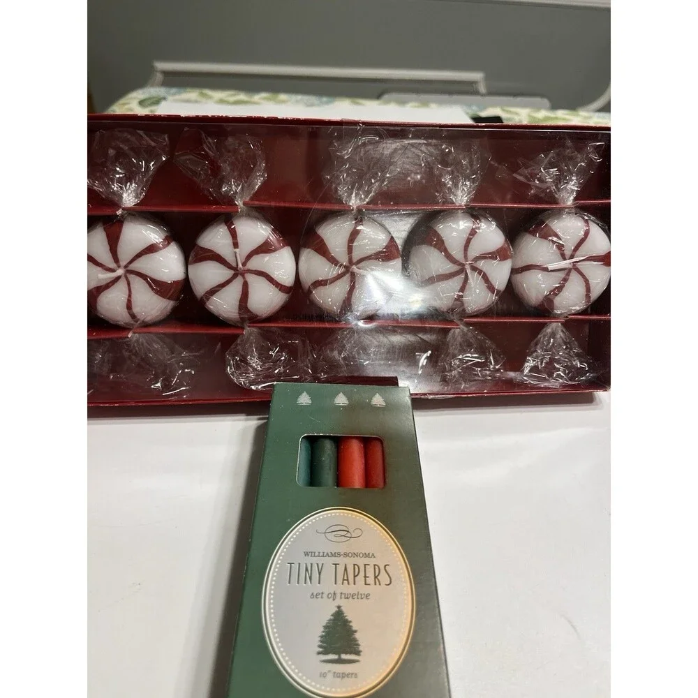 Williams Sonoma Floating Peppermint Candy Candles 5pc & 10” Tiny Tapers 12pc